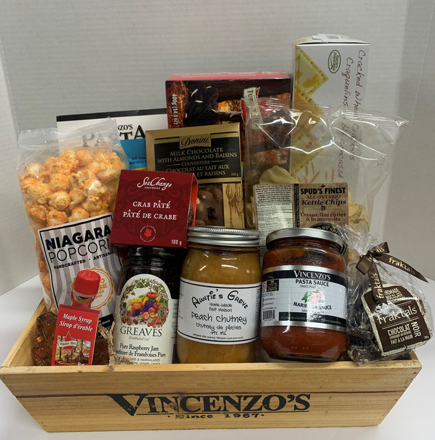 Gift basket showing assorted products in a Vincenzo's custom box